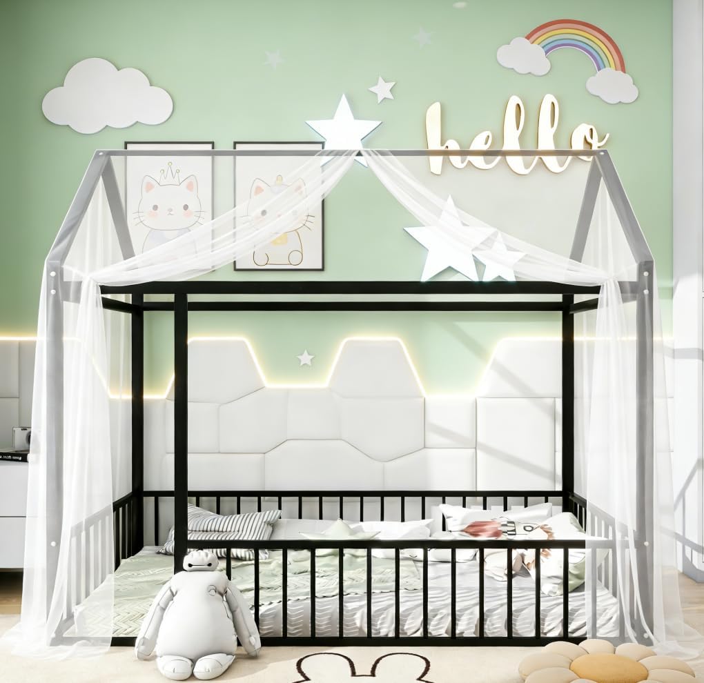 Bellemave Twin Size House Floor Montessori Bedframe with Rails and roof, Metal House Bed for Kids, Montessori Floor Beds for Kids, Black