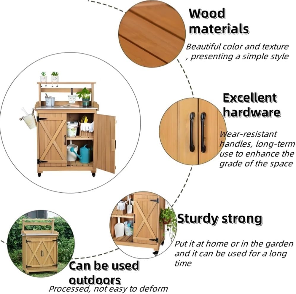 Potting Bench with Storage, Outdoor Storage Cabinet with Universal Wheels, Wooden Potting Bench Table with Metal Tabletop and Side Hooks, Outdoor Gardening Table for Terrace, Garden