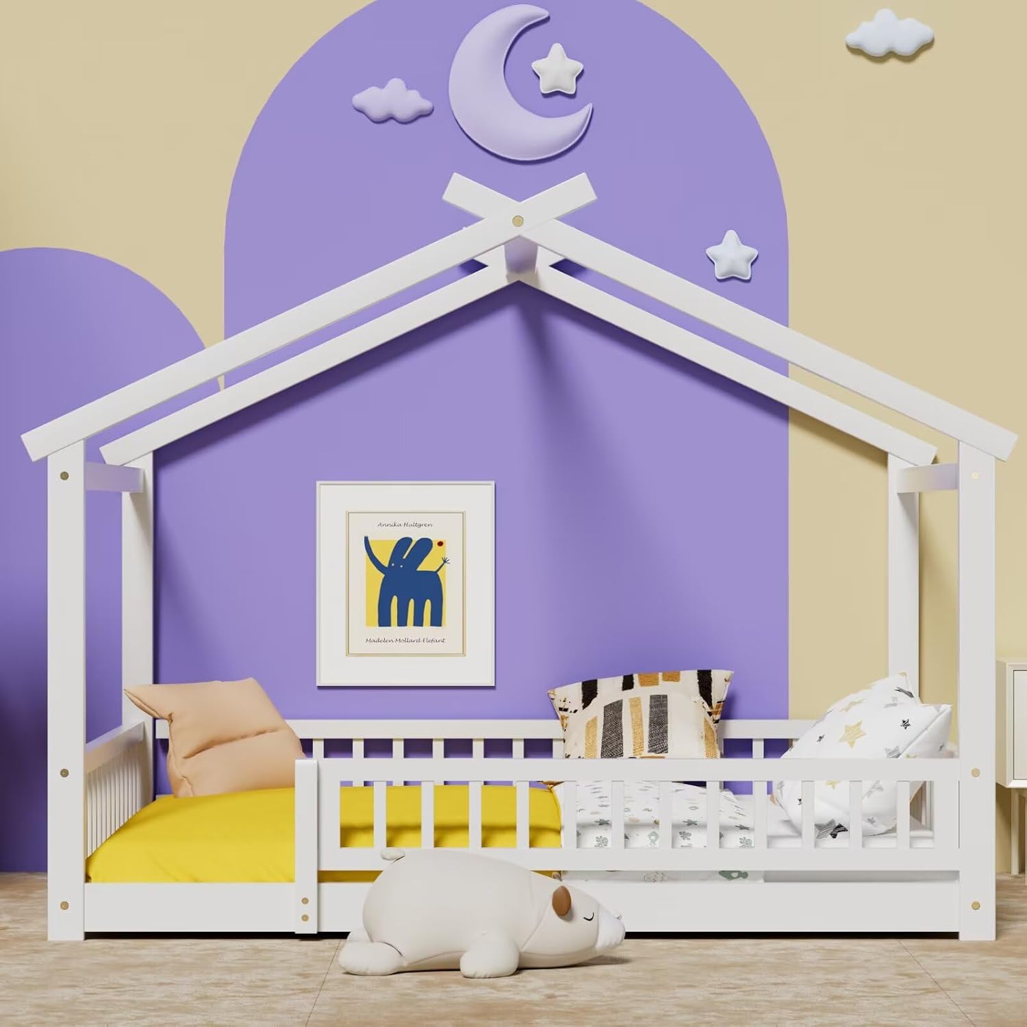 LLS Queen House Floor Bed Frame with Fence, Wooden Montessori Playhouse Bed with Slats Support for Boys Girls, White