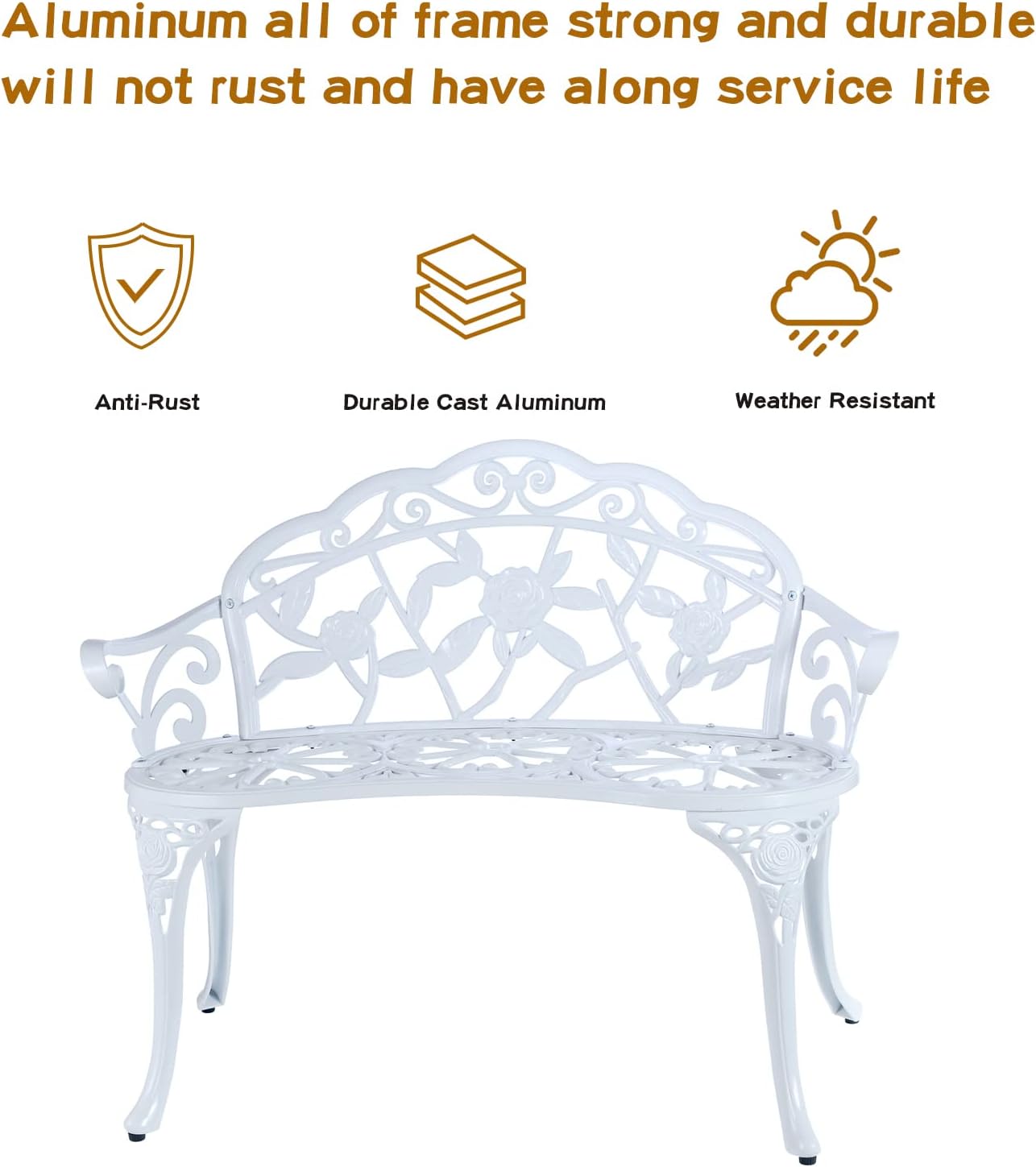 YKSY&YKSY Patio Garden Bench Metal Park Bench Cast Aluminum Outdoor Furniture with Floral Rose for Patio,Park,Lawn,Yard (White)