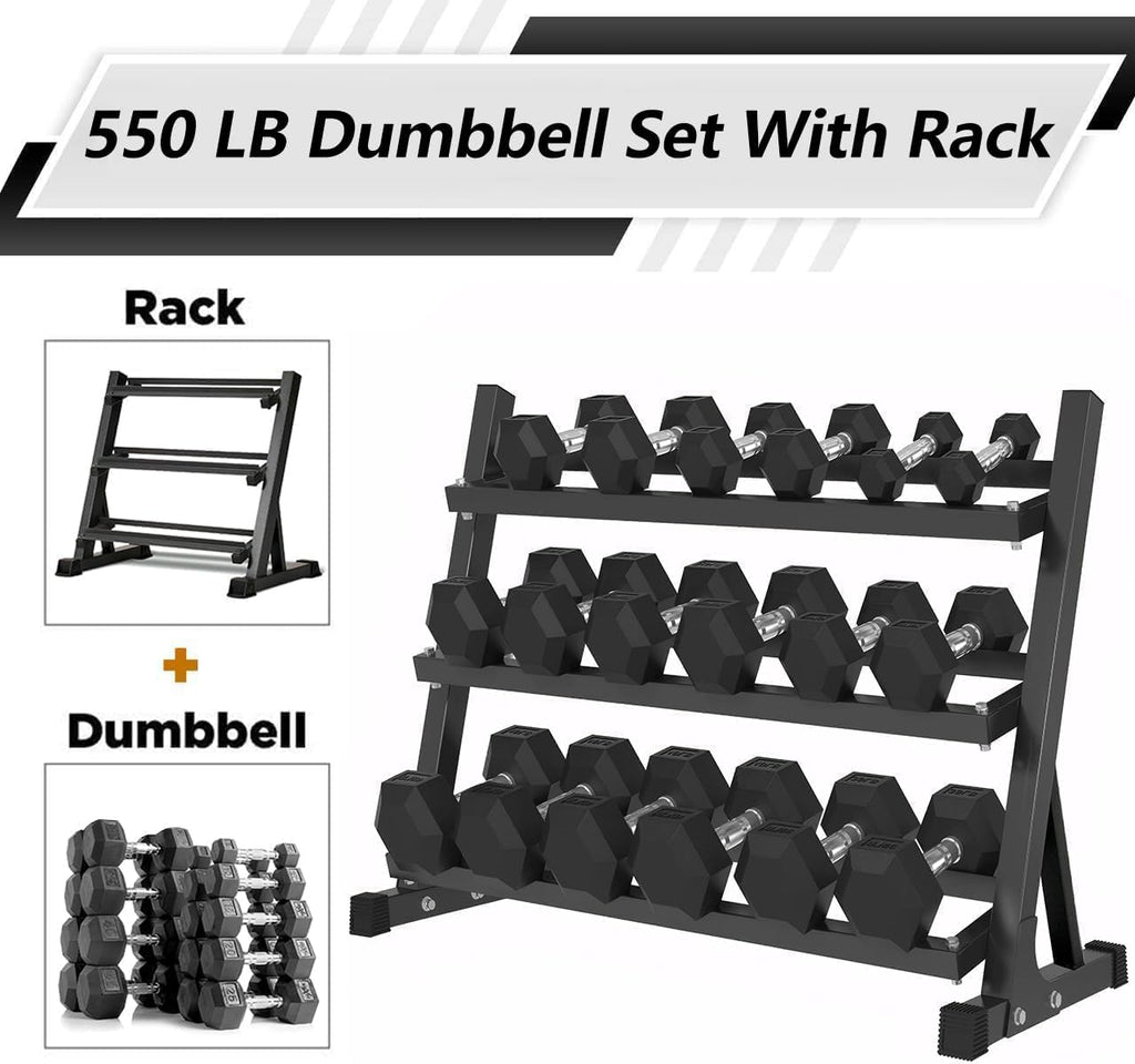 Rubber Hex Dumbbells with Rack 350/450/550 LBS - Free Weights Dumbbell Set Home Gym Equipment Exercise & Fitness Dumbbells for Strength Training