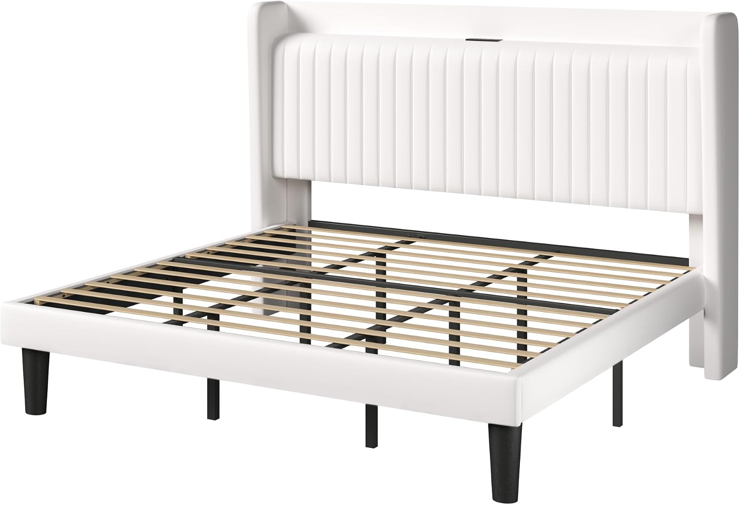 Allewie King Size Platform Bed Frame with USB Charging Station and Storage Shelf/Upholstered Velvet Wingback Headboard/Wooden Slats Support/No Box Spring Needed/Easy Assembly, White