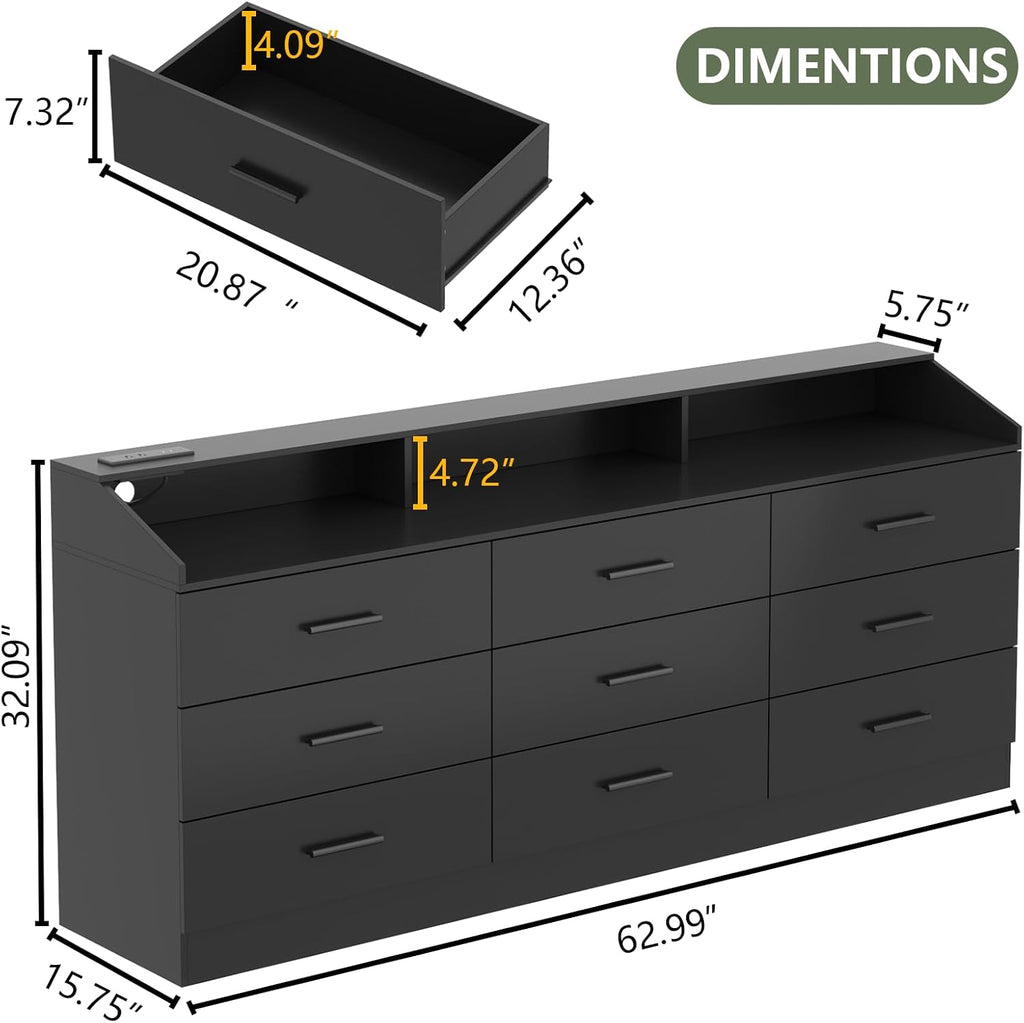 Gyfimoie 9 Drawers Dresser with Power Outlet, Black Dresser for Bedroom, Chest of Drawers with LED Light, Modern Dressers with Open Storage Cubby, Triple Wide Dressers Organizer for Living Room