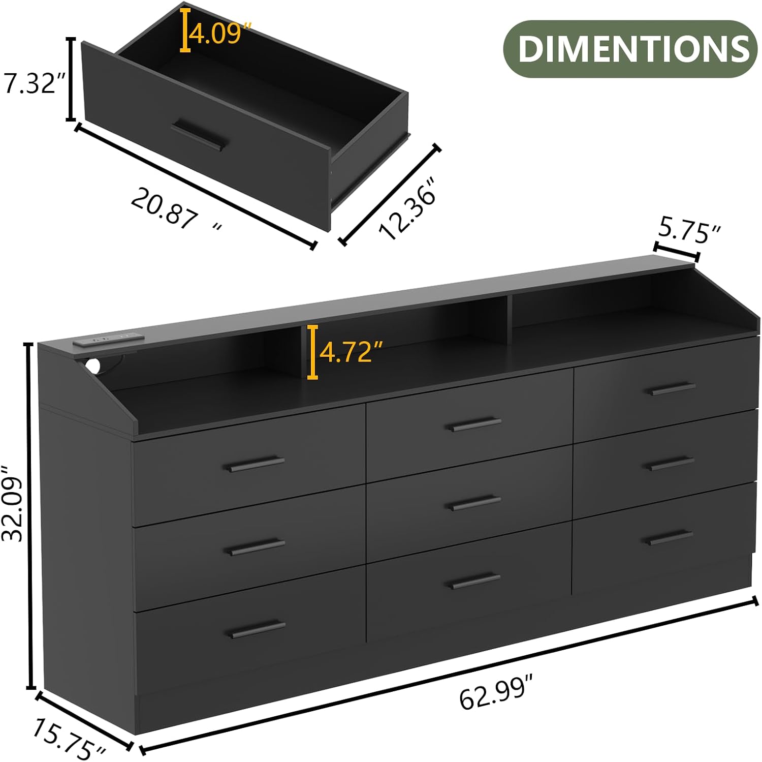 9 Drawers Dresser, Dresser for Bedroom with Power Outlet, Modern Chest of Drawers with LED Light, Storage Dressers with Open Storage Cubby, Dressers Organizer for Closet, Entryway, Living Room, Black