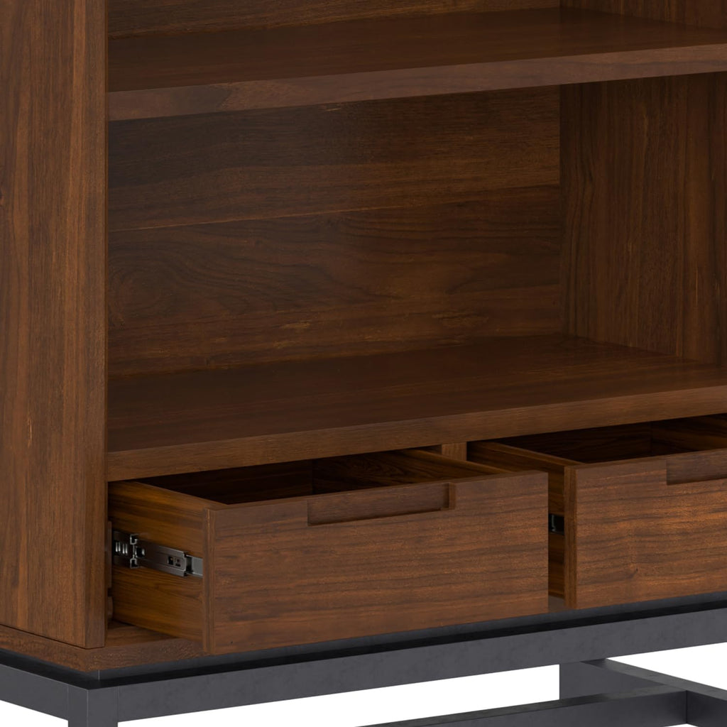 SIMPLIHOME Banting Bookcase - 66 inch Tall Solid Walnut Veneer and Metal Bookshelf, Industrial Storage for Living Room, Study Room or Office with Open Shelves and Metal Frame