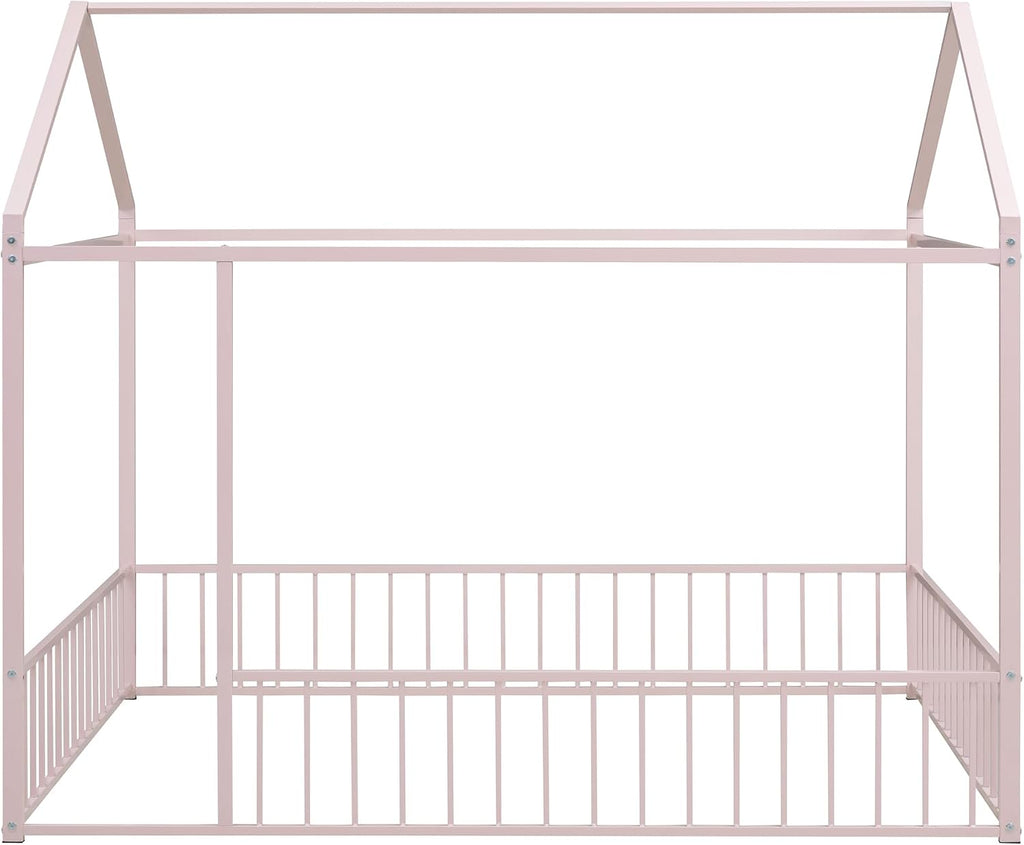 Bellemave Full Size House Floor Montessori Bedframe with Rails and roof, Metal House Bed for Kids, Montessori Floor Beds for Kids White