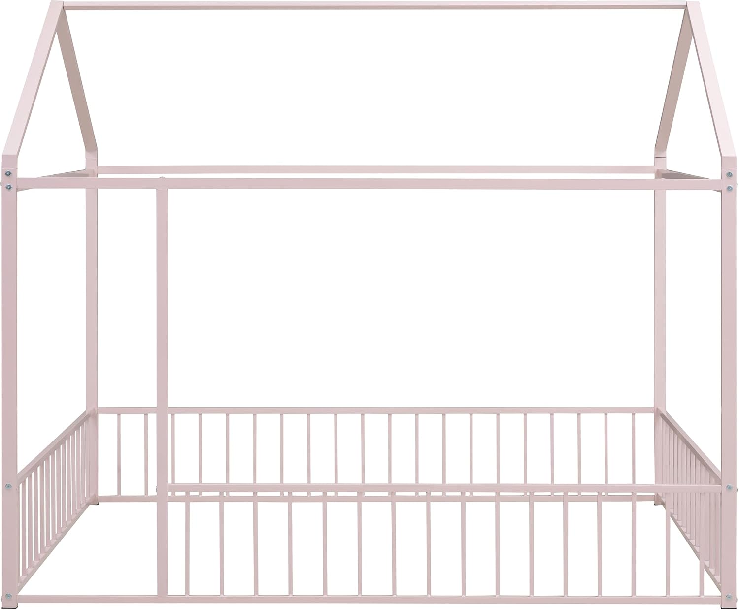 Bellemave Full Size House Floor Montessori Bedframe with Rails and roof, Metal House Bed for Kids, Montessori Floor Beds for Kids White
