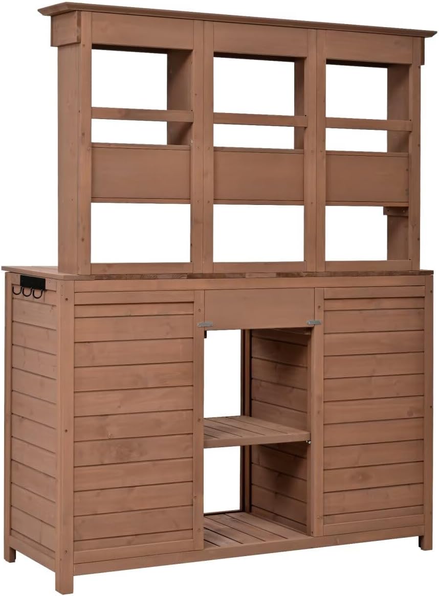 JIJIWANG 65.7'' H Tall Garden Potting Bench Table with Hutch,Patio Storage Workstation with 3 Shelves,6 Drawers,2 Bottom Cabinets&Side Hooks for Mudroom,Doorway, Brown