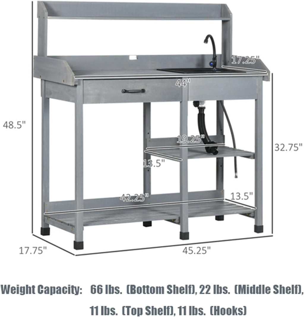Gray Potting Bench Table with Removable Sink and Faucet, Wooden Outdoor Potters Benches with Drawer, Open Shelves, Hooks, Garden Workstation for Outside Lawn Patio