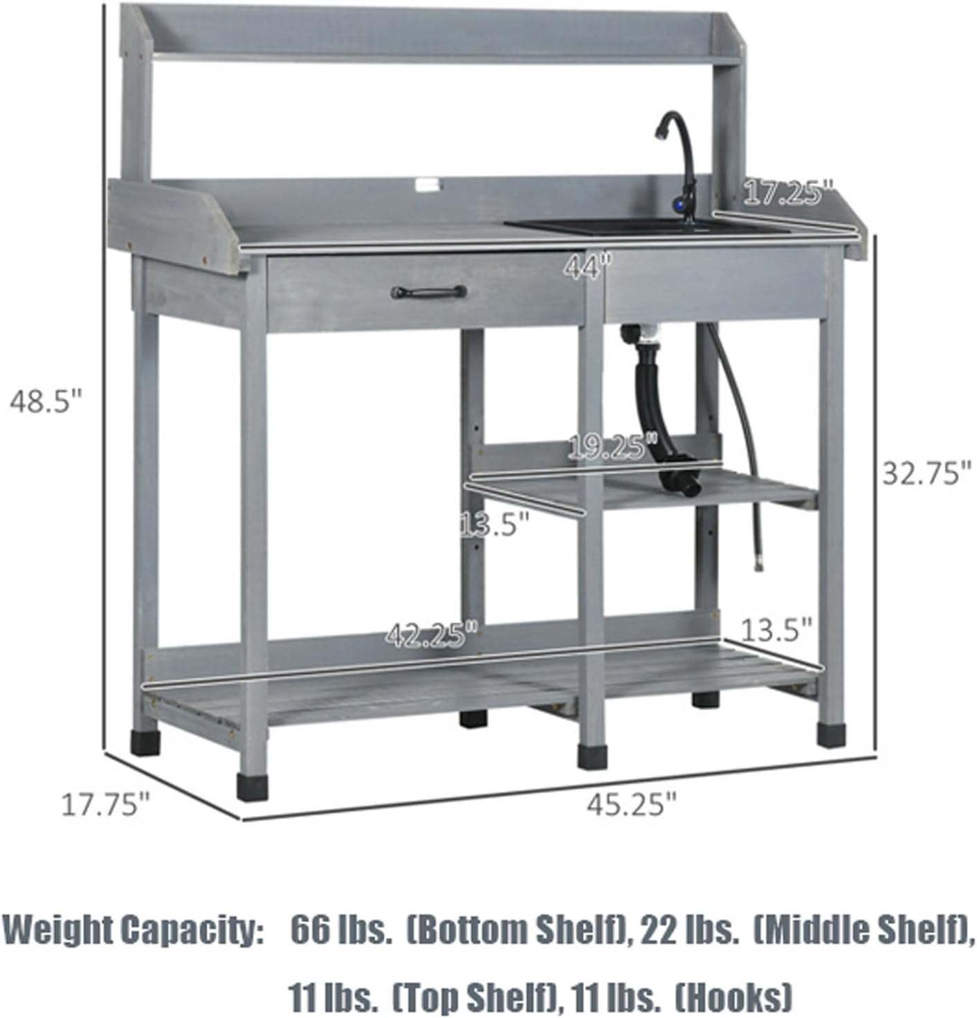 Gray Potting Bench Table with Removable Sink and Faucet, Wooden Outdoor Potters Benches with Drawer, Open Shelves, Hooks, Garden Workstation for Outside Lawn Patio
