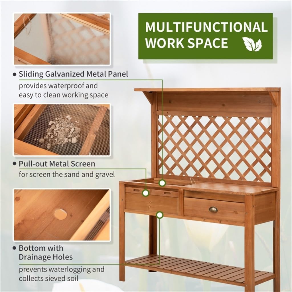 Garden Potting Bench, Outdoor Wooden Workstation Table W/Metal Screen, Drawer, Hooks, Storage Shelf, and Lattice Back