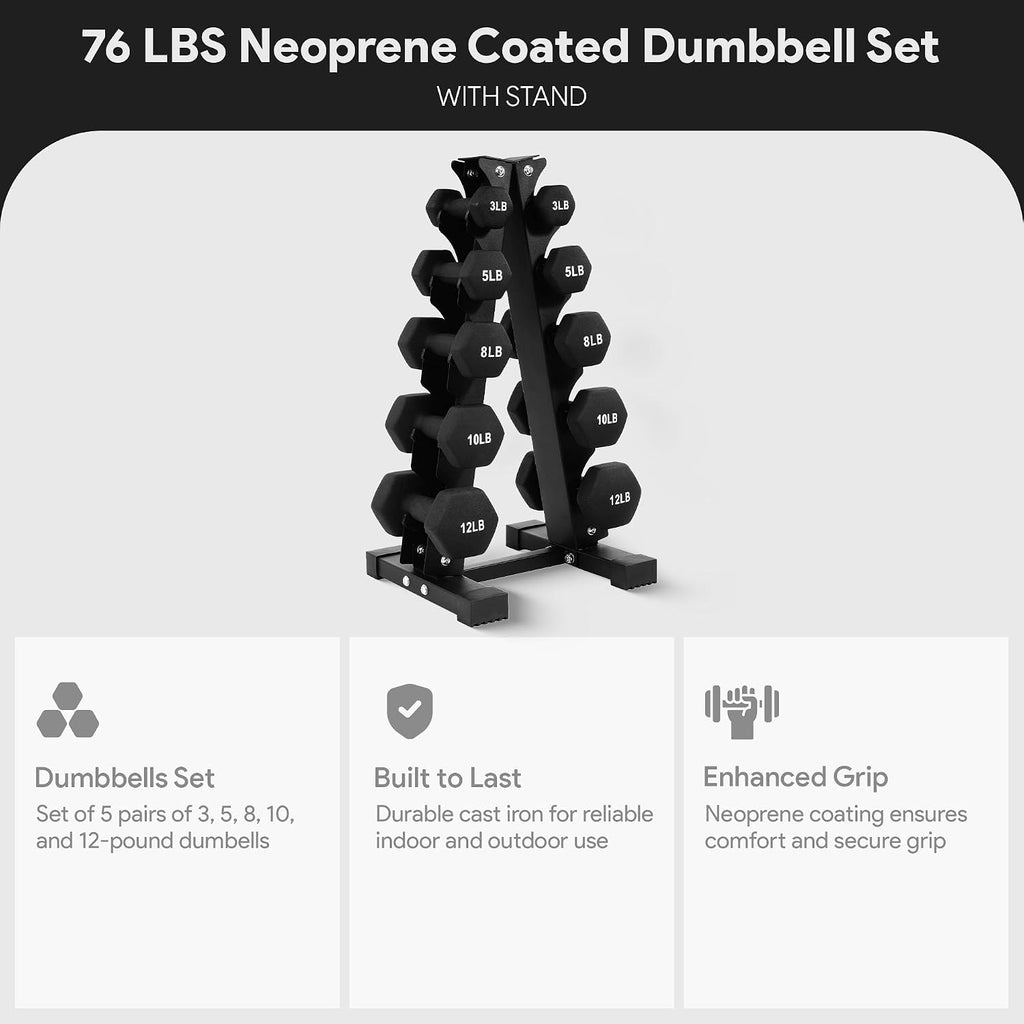 BalanceFrom Neoprene Coated Iron Dumbbell Hex Weights Set with Stand – Color-Coded or Black Options with Non-Slip Grip for Strength Training, Resistance Workouts, and Home Gym Fitness