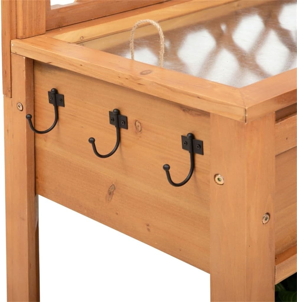 Garden Potting Bench, Outdoor Wooden Workstation Table W/Metal Screen, Drawer, Hooks, Storage Shelf, and Lattice Back