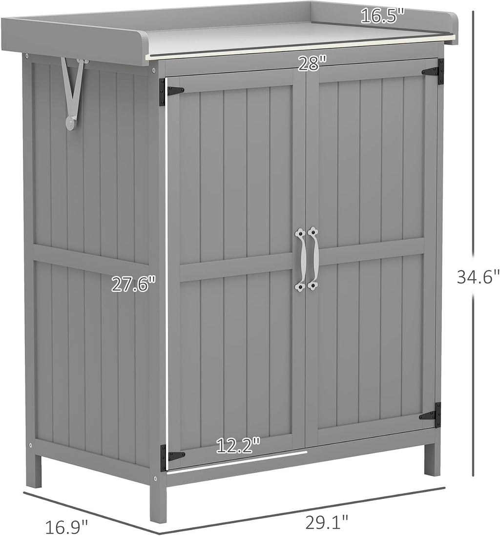 Garden Potting Workstation–2-Door Storage Cabinet,Gray | Weatherproof Metal|Side Hooks|All-Weather Fir Wood|220LBS Tabletop|Outdoor Patio,Garden,Garage