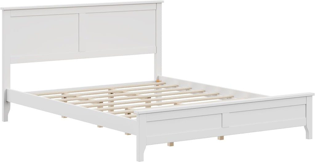 Queen Size Wood Bed Frame and Headboard, Modern Retro White Platform Beds Frames, Sturdy and Durable Design Mid Century Rustic Wooden Bedroom Set, No Box Spring Needed (White, Queen)