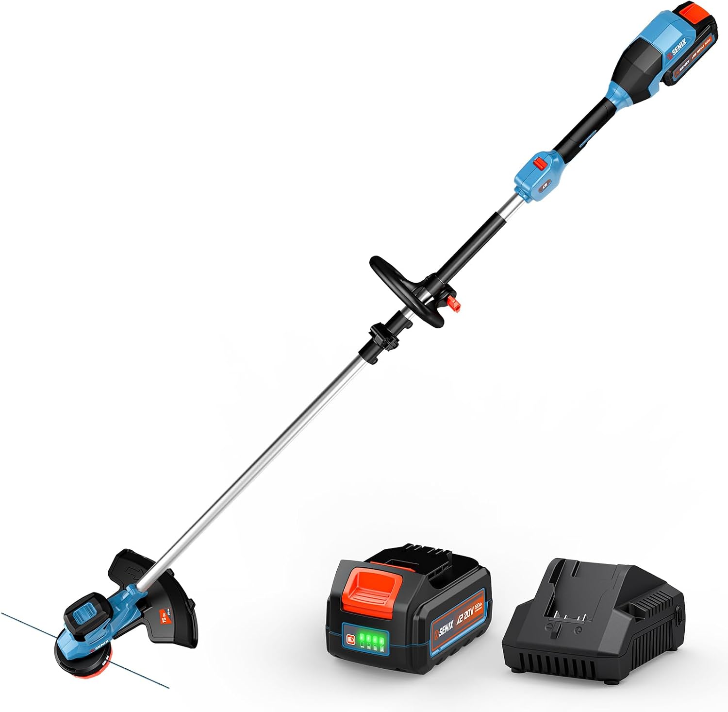 SENIX 20V 15' Weed Wacker, String Trimmer w/5.0Ah Battery & 2A Charger, Variable Speed, Brushless Motor, Lightweight 6.6lbs (GTX2-M3)