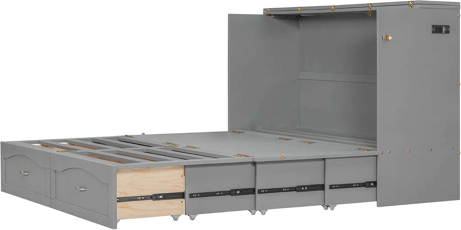 Merax Queen Size Murphy Bed Wall Bed with Drawer and a Set of Sockets & USB Ports, Pulley Structure Design, Gray
