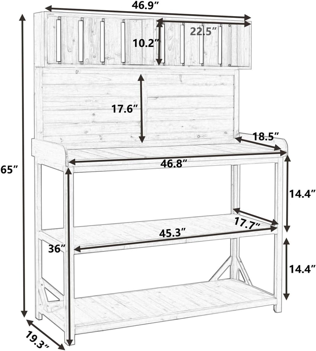 65' Farmhouse Rustic Wooden Outdoor Potting Bench - Patio Workstation with 4 Storage Shelves and Side Hooks (Green, 65inch)