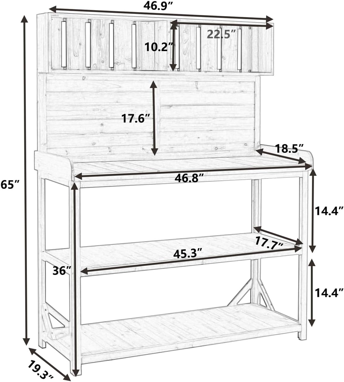 65' Farmhouse Rustic Wooden Outdoor Potting Bench - Patio Workstation with 4 Storage Shelves and Side Hooks (Green, 65inch)