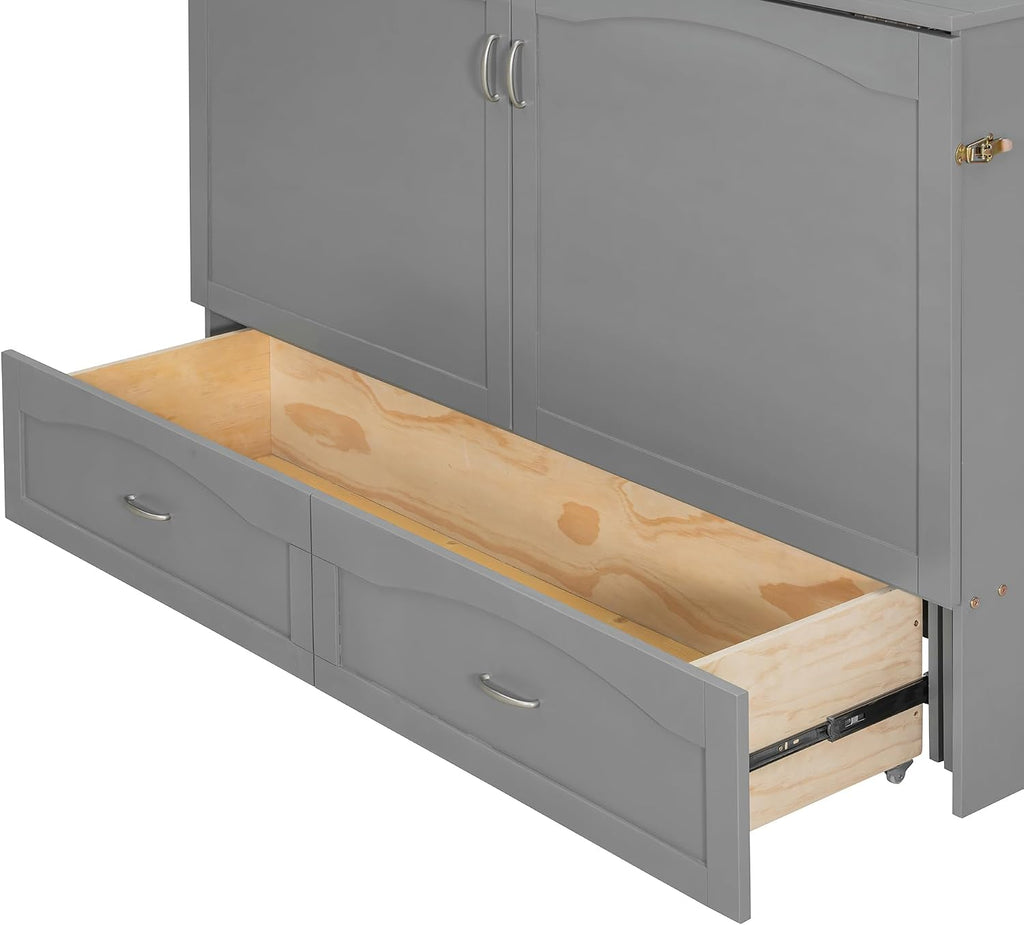 Merax Queen Size Murphy Bed Wall Bed with Drawer and a Set of Sockets & USB Ports, Pulley Structure Design, Gray