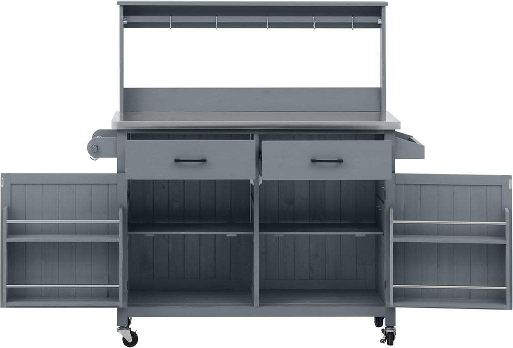 54.1' Outdoor Kitchen Island with Stainless Steel Top and High Shelf, Solid Wood Grill Cart with Lockable Wheels and Cabinet for BBQ, Outdoor Potting Bench Table for Garden, Gray Blue