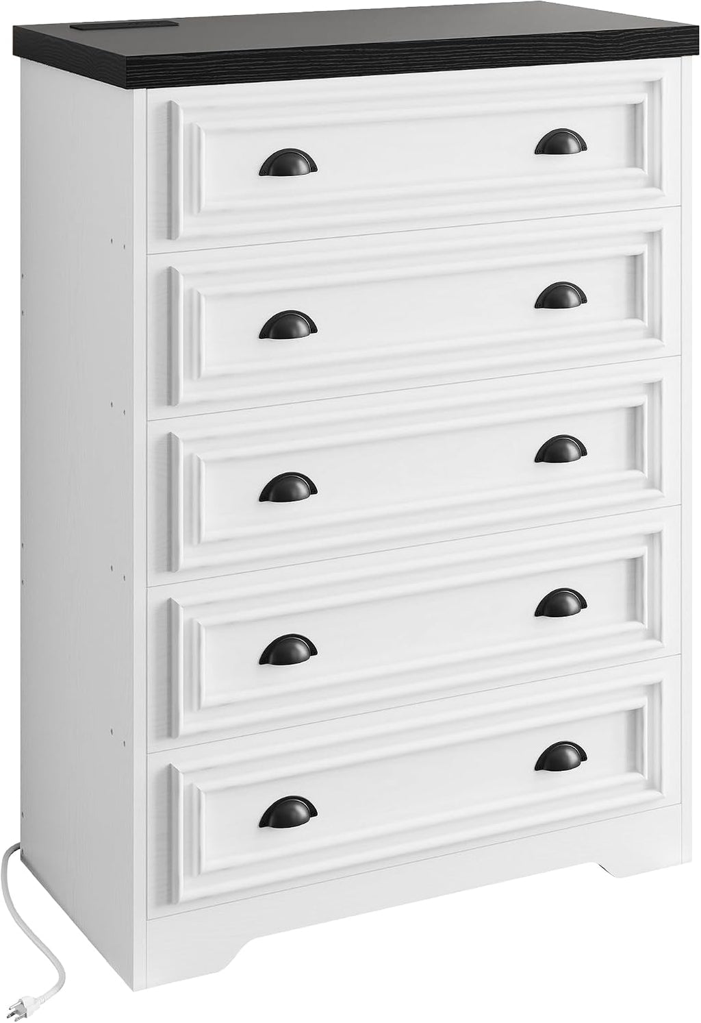 LIKIMIO 5-Drawer 43' Tall Dresser with Built-in Charging Station - Farmhouse Style Bedroom Storage Cabinet, Black &White