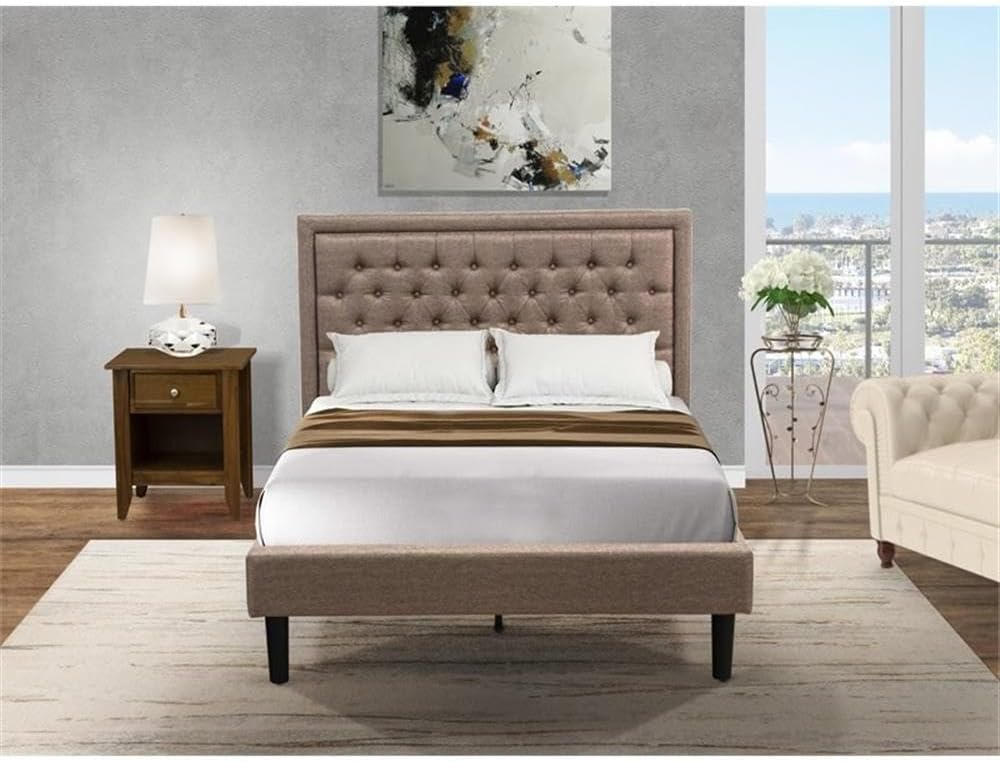 East West Furniture KD16F-1GA08 2 Piece Full Bed Set - 1 Modern Bed Frame Dark Khaki Linen Fabric Padded and Button Tufted Headboard with 1 Bedroom Nightstand - Antique Walnut Finish Nightstand