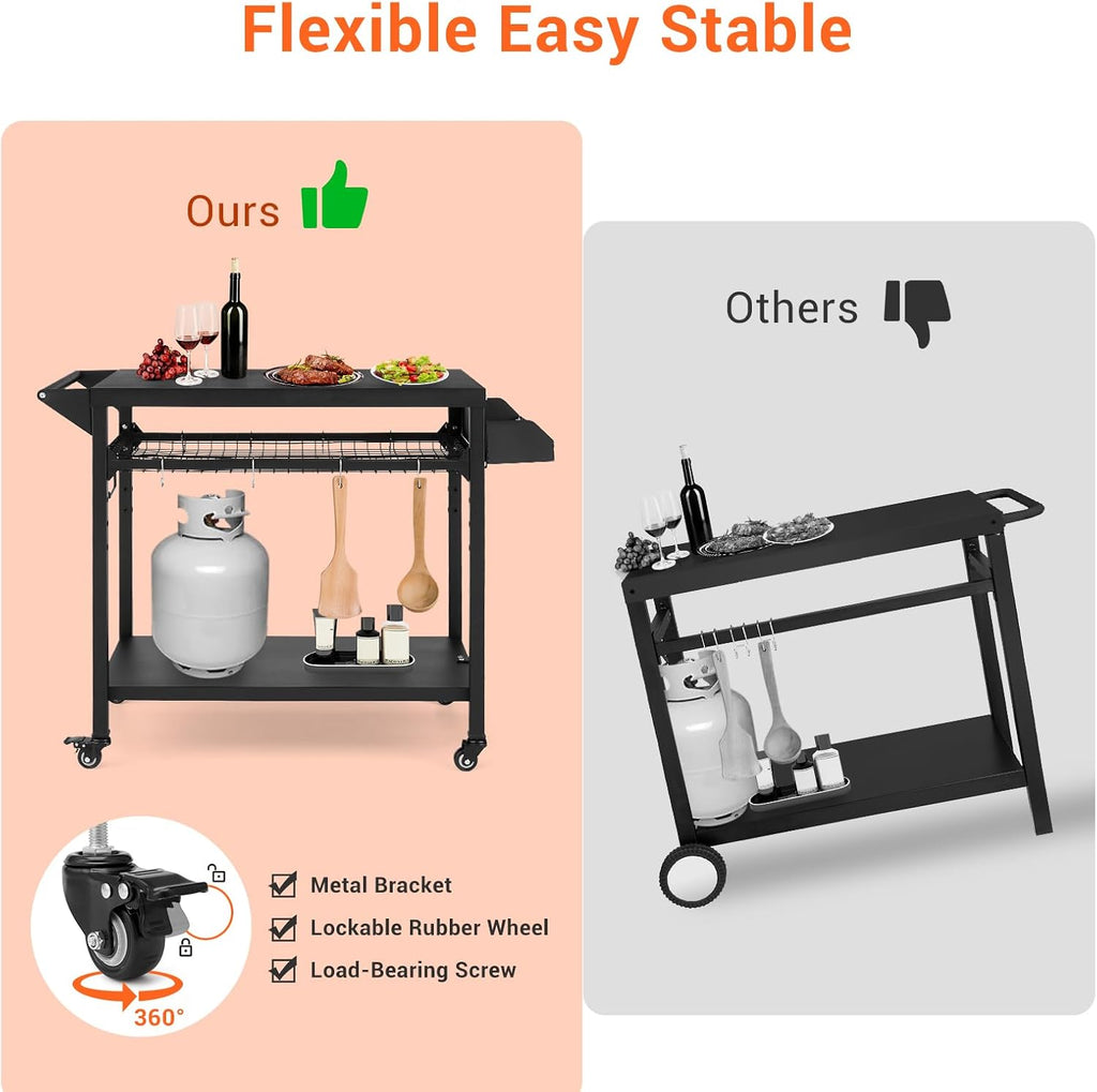 Heavy Duty Outdoor Grill Cart with Wheels - 3-Tier Rolling BBQ Prep Table & Pizza Oven Stand - Storage Shelves, Mesh Rack, Lockable Casters - Black Metal Utility Cart for Patio, Camping