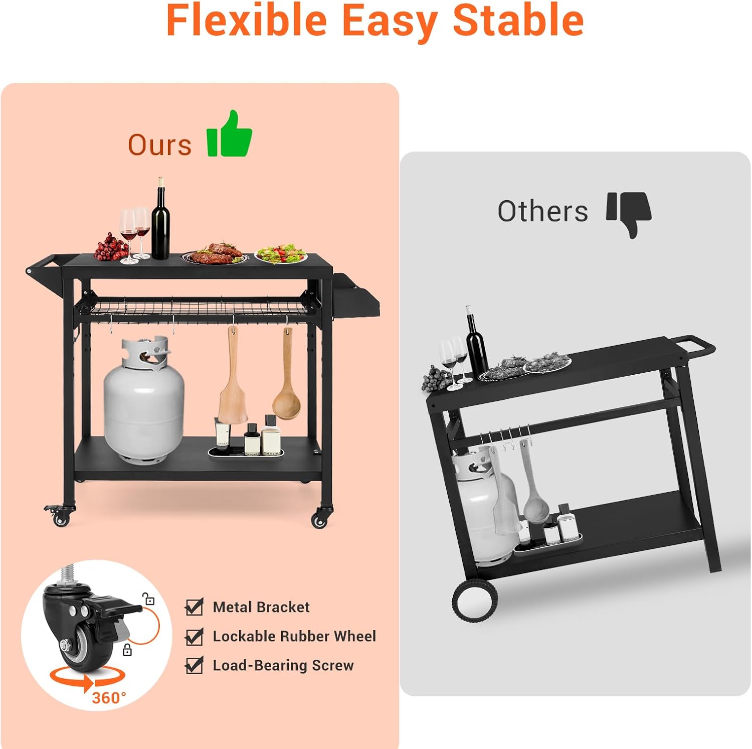 Heavy Duty Outdoor Grill Cart with Wheels - 3-Tier Rolling BBQ Prep Table & Pizza Oven Stand - Storage Shelves, Mesh Rack, Lockable Casters - Black Metal Utility Cart for Patio, Camping