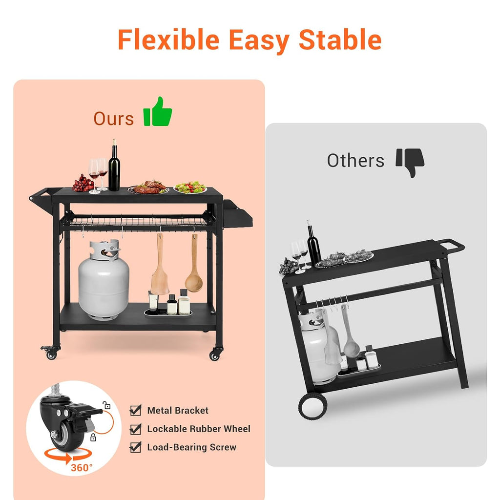Hipicute Outdoor Grill Cart, Pizza Oven Table, Utility Cart with Wheels Dining Cart Table for Outside Patio, Movable Kitchen Cooking Prep Table BBQ Cart with Mesh Racks for Home Party, Bar, Camping