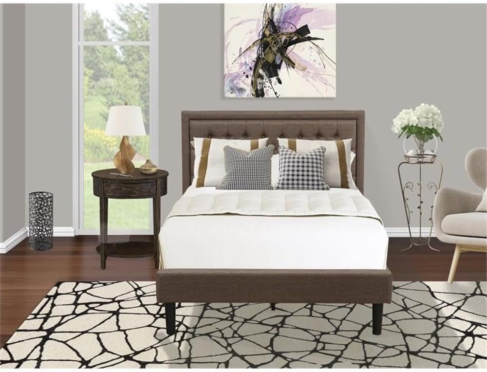 East West Furniture KD18F-1HI07 2 Piece Wood Bedroom Set - 1 Modern Bed Frame Brown Linen Fabric Padded and Button Tufted Headboard with 1 Wooden Nightstand - Distressed Jacobean Finish Nightstand