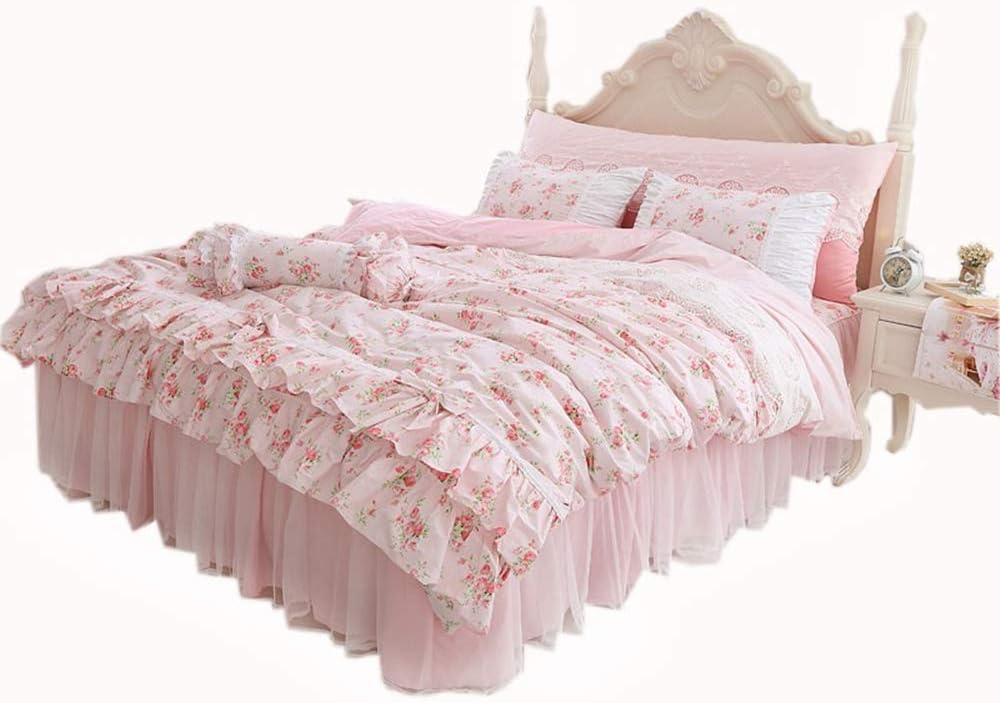 LELVA Romantic Rose Flower Print Bedding for Girls Duvet Cover Set with Bed Skirt Pink Lace Ruffle Floral Shabby Bedding Sets Full 4 Piece