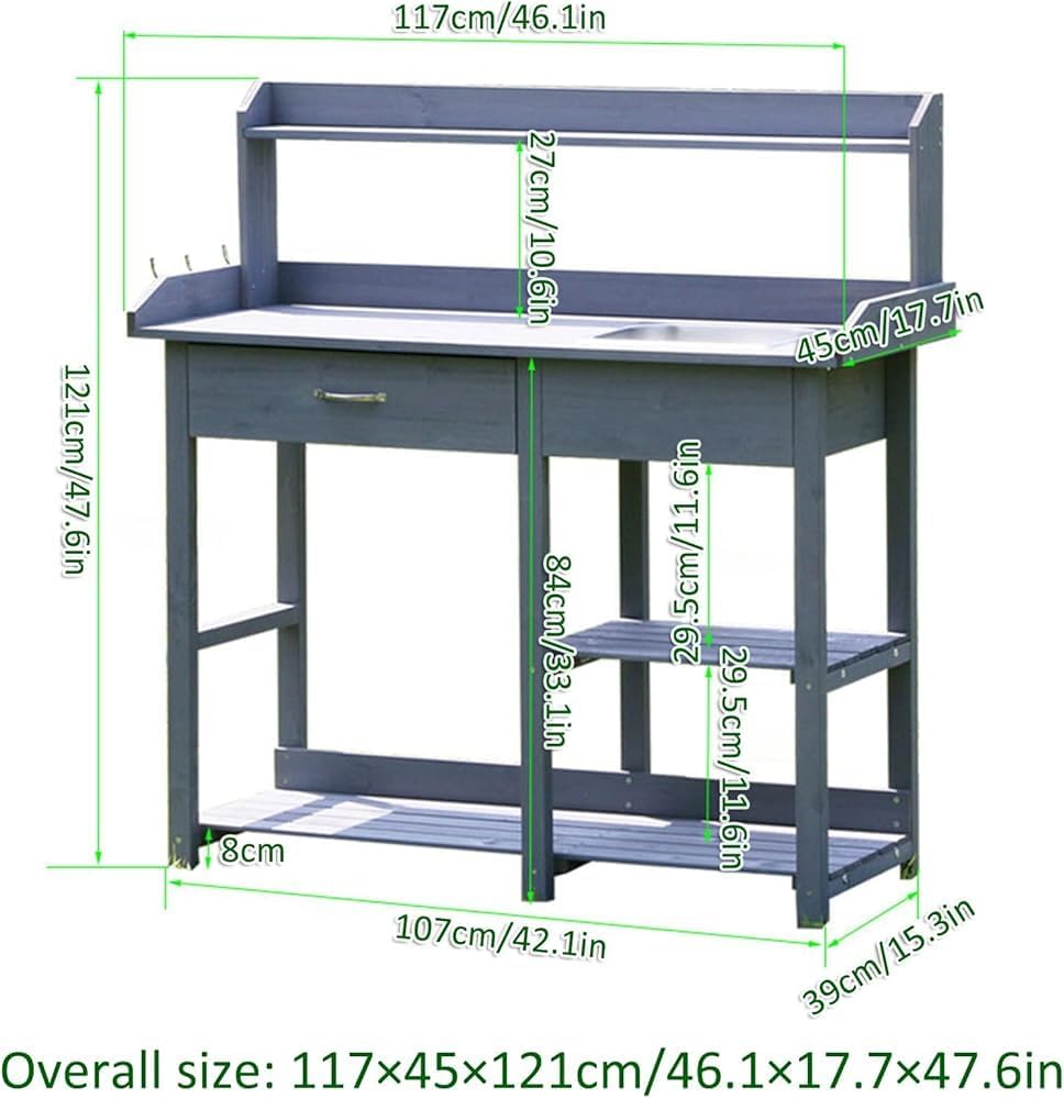Gardening Bench Potting Table Planting Work Bench with Removable Sink with Storage Shelves and Drawer(Color : Blue, Size : 117x45x121cm)