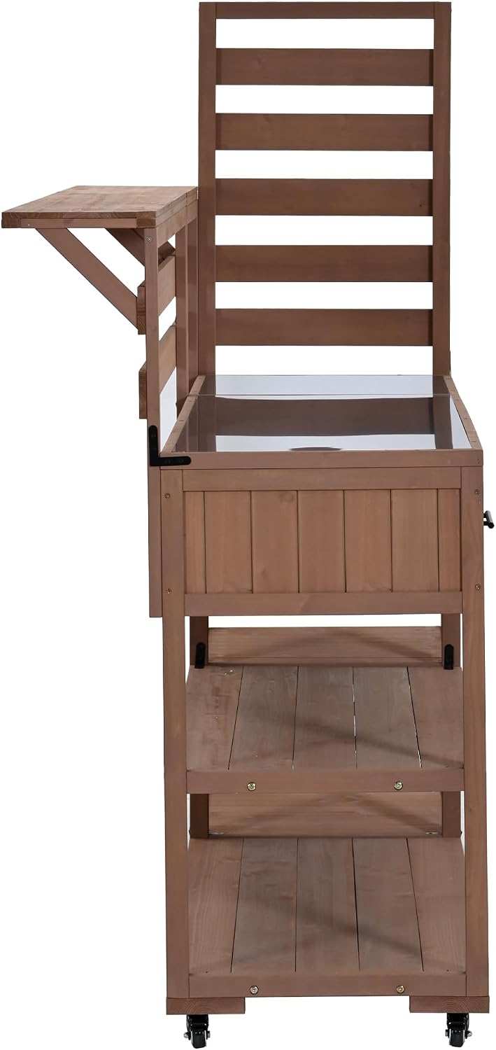 Roomfitters Garden Potting Bench with Wheels, Extra Wide Outdoor Potting Table and BBQ Prep Station, Storage Shelves, Brown