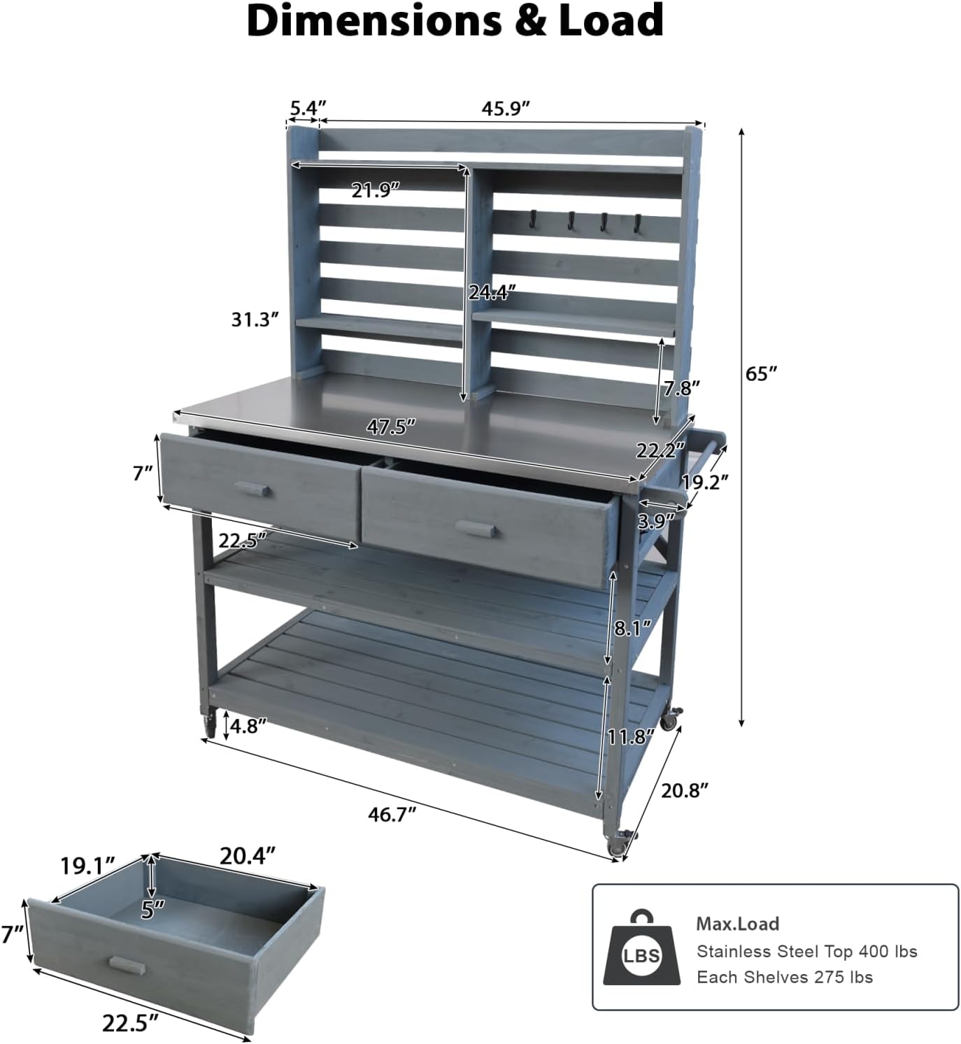 64.9' H Outdoor Potting Bench Table with Lockable Wheels, 52' W×22.2' D×64.9' H, Solid Fir Wood, Stainless Steel Top, 2 Drawers, Outdoor Storage for Grilling/Gardening, Gray+Blue