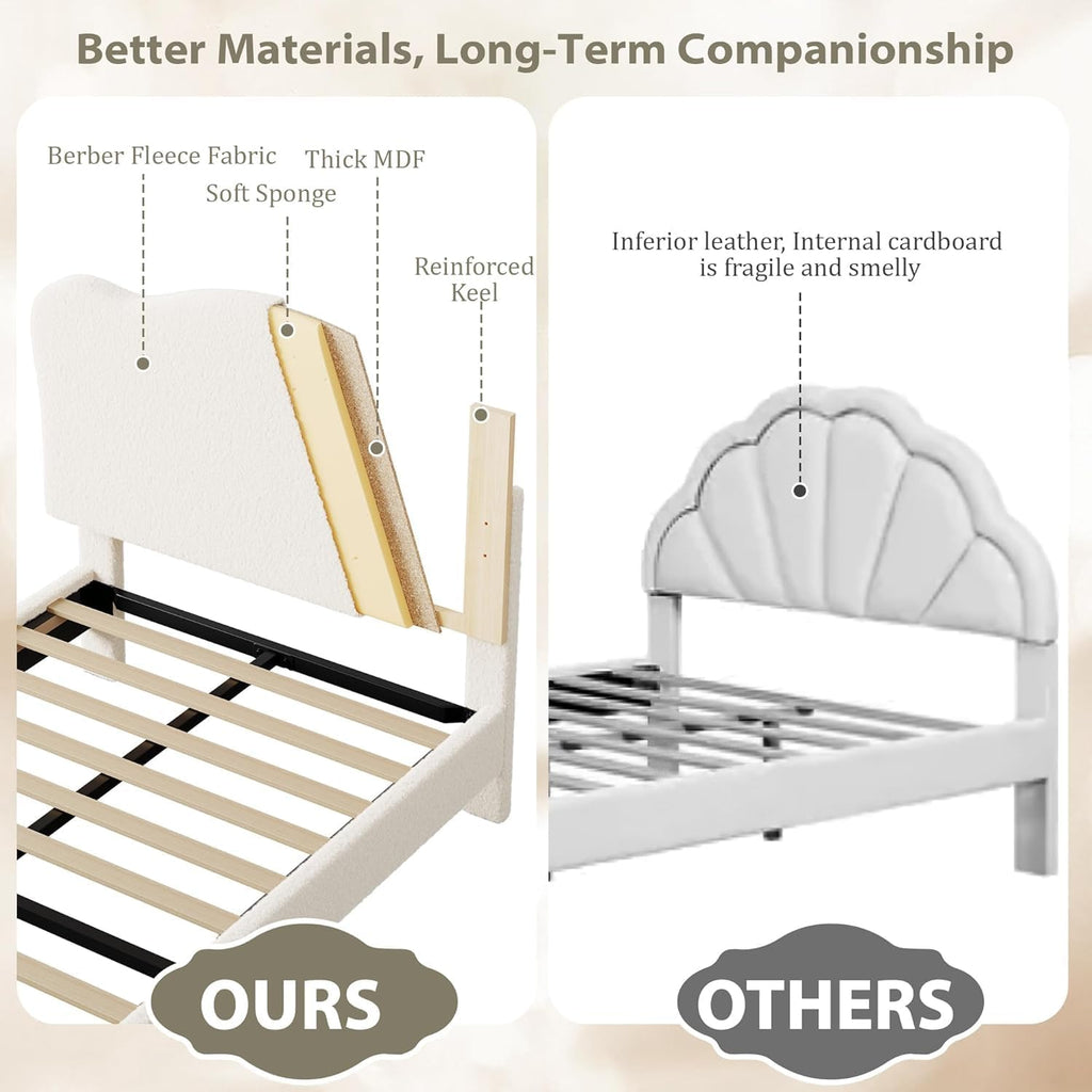 GarveeHome Upholstered Twin Size Bed Frame for Kids with Scallop Headboard, Cute Velvet Twin Bed for Girls, Boys, Sturdy Platform Bed, No Box Spring Needed, Wooden Slats, Noise Free, Beige