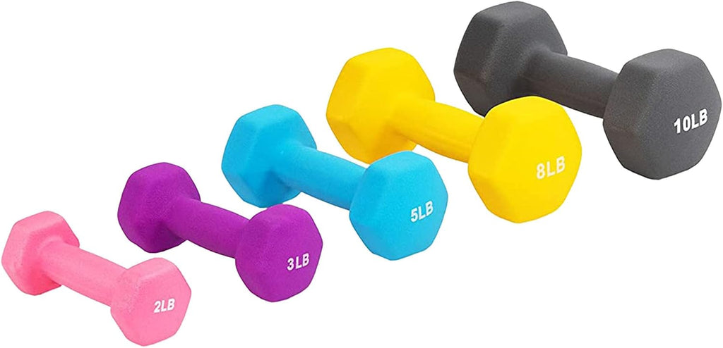 BalanceFrom Neoprene Coated Iron Dumbbell Hex Weights Set with Stand – Color-Coded or Black Options with Non-Slip Grip for Strength Training, Resistance Workouts, and Home Gym Fitness