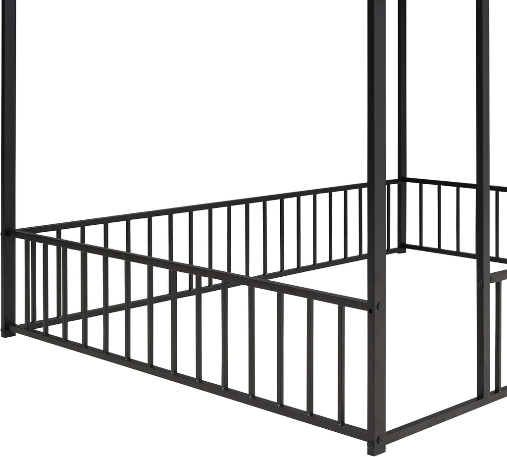 Bellemave Full Size House Floor Bed with Rails and roof, Metal House Bed for Kids, Montessori Floor Beds for Kids, Black