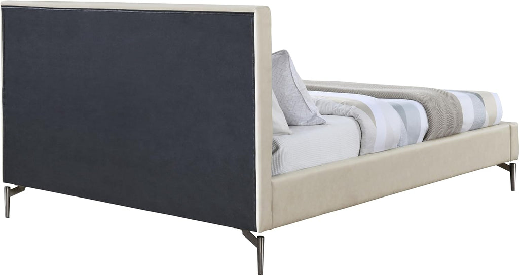 Meridian Furniture GalloBeige-Q Gallo Collection Modern | Contemporary Queen Bed with Soft Beige Vegan Leather, Deep Channel Tufting and Black Metal Legs, 65.5' W x 89' D x 43.5' H, Beige, Queen
