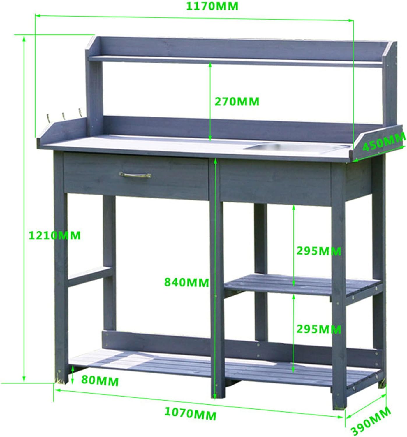 Garden Potting Bench Table, Wood Outdoor Workstation with Storage Cabinet and Planting Sink, Side Hooks and Bottom Shelf for Garden Supplies