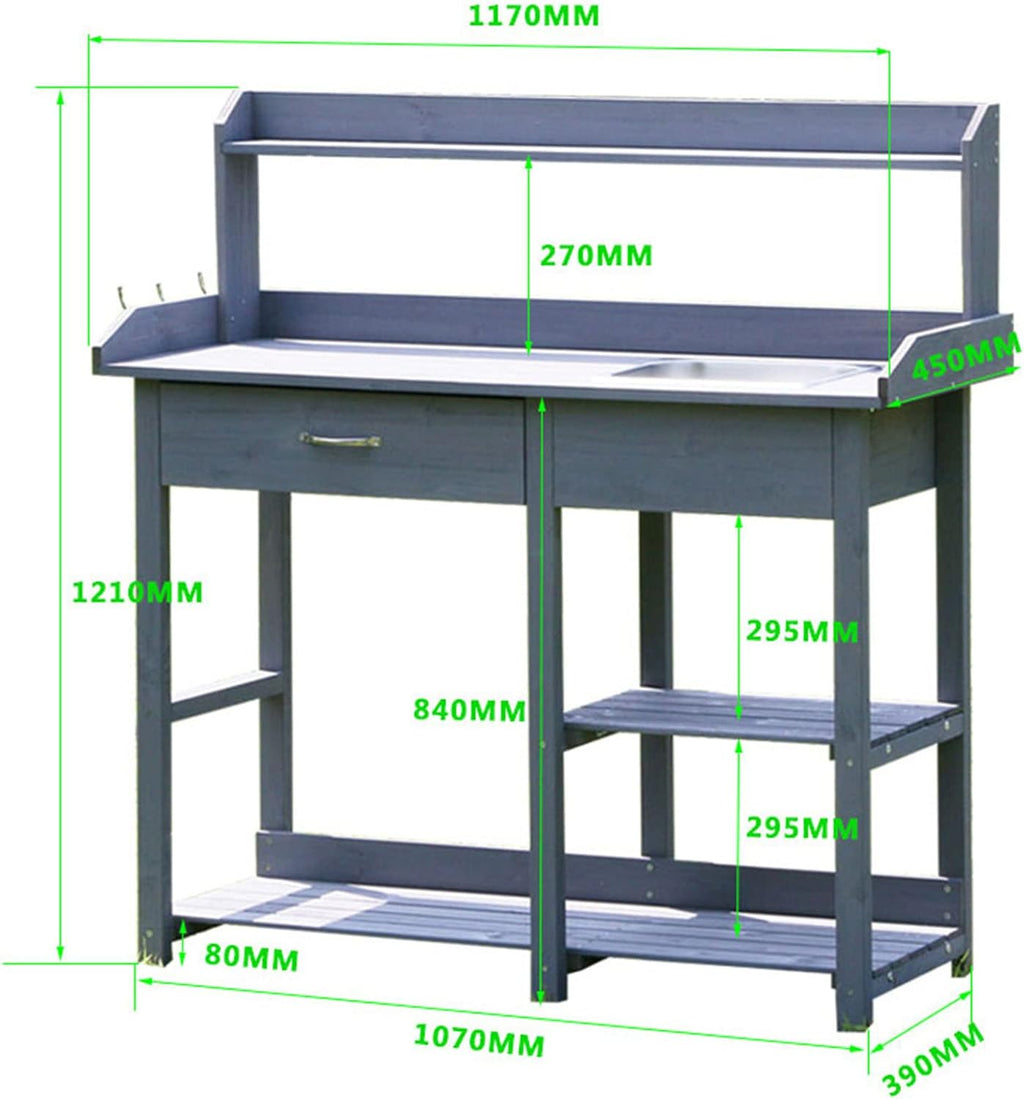 Garden Potting Bench Table, Wood Outdoor Workstation with Storage Cabinet and Planting Sink, Side Hooks and Bottom Shelf for Garden Supplies