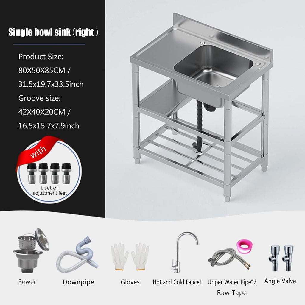 Stainless Steel Utility Sink with Workbench, Commercial Restaurant Sink Kitchen Sinks Set Prep & w/Faucet & Drainboard, Laundry Room Single Bowl Outdoor Kitchen Sinks(Hot Cold Faucet Right,31.5in)