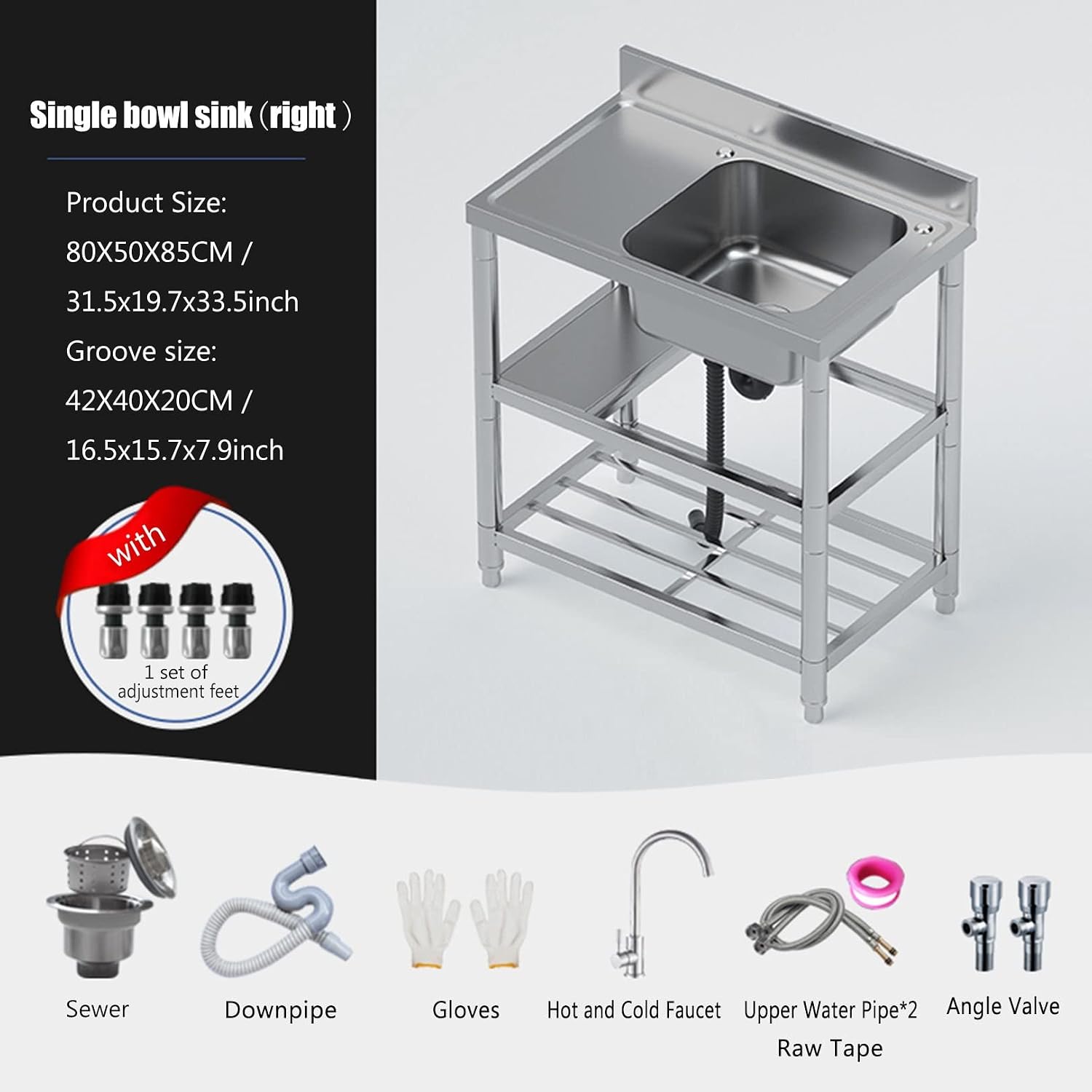 Stainless Steel Utility Sink with Workbench, Commercial Restaurant Sink Kitchen Sinks Set Prep & w/Faucet & Drainboard, Laundry Room Single Bowl Outdoor Kitchen Sinks(Hot Cold Faucet Right,31.5in)