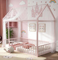 Bellemave Twin Size House Floor Montessori Bedframe with Rails and roof, Metal House Bed for Kids, Montessori Floor Beds for Kids,Pink