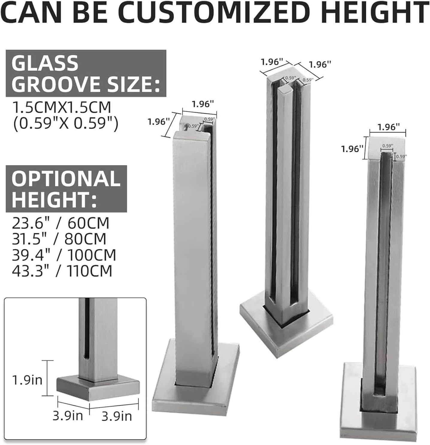 HOFSSI Glass Railing Post Heavy Duty Stainless Steel Black Glass Balustrade Post Panel Support Wood Deck for Interior ExteriorGlass Fence Pole Garden Balcony (Color : Corner Post, Size : 70cm/27.5in)