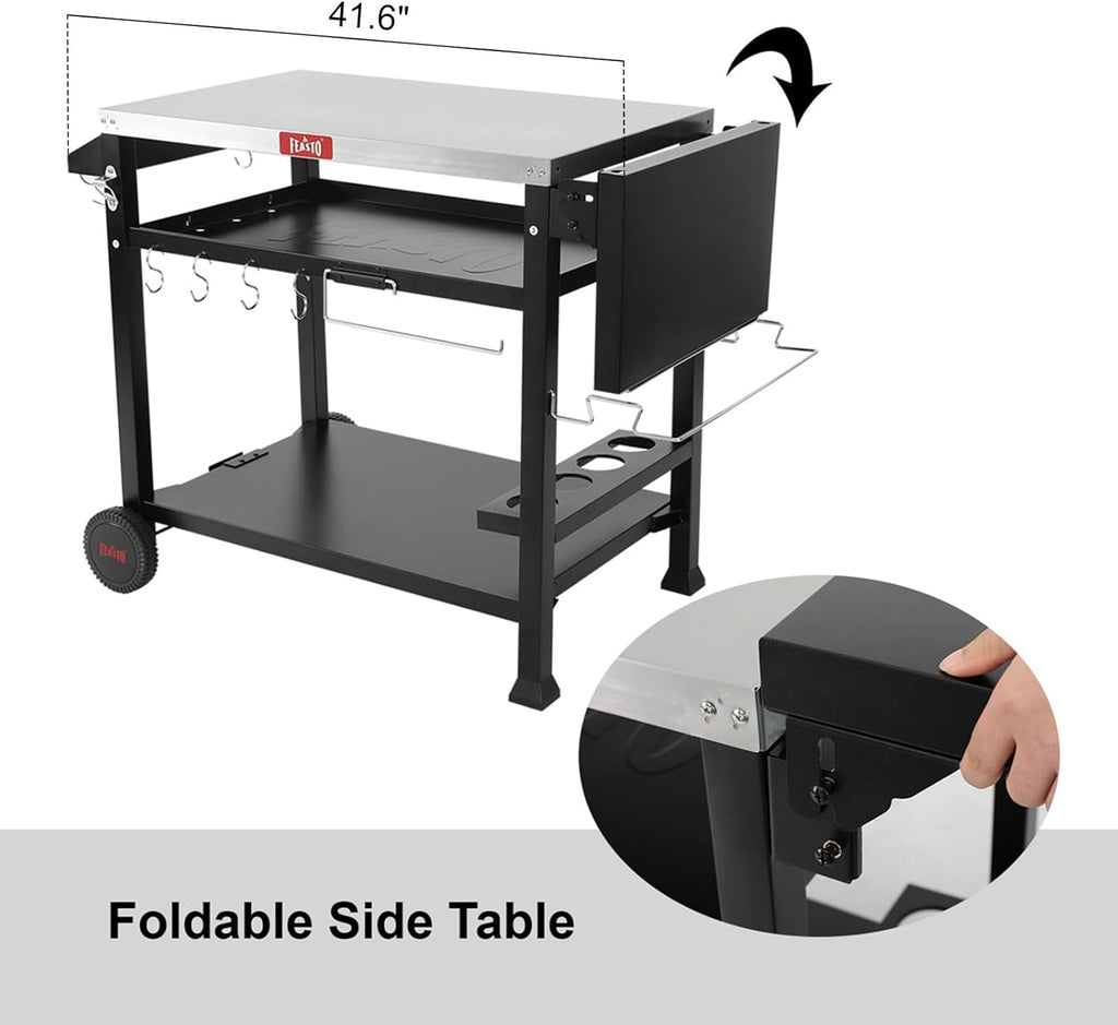 Feasto 40x26 Grill Cart, Stainless Steel Top, 3-Shelf with Wheels & Cover | Pizza Oven Table, Pizza Oven Stand, BBQ Grill with Wheels for Food Prep, Outdoor & Indoor, Dining, Kitchen Cart Table