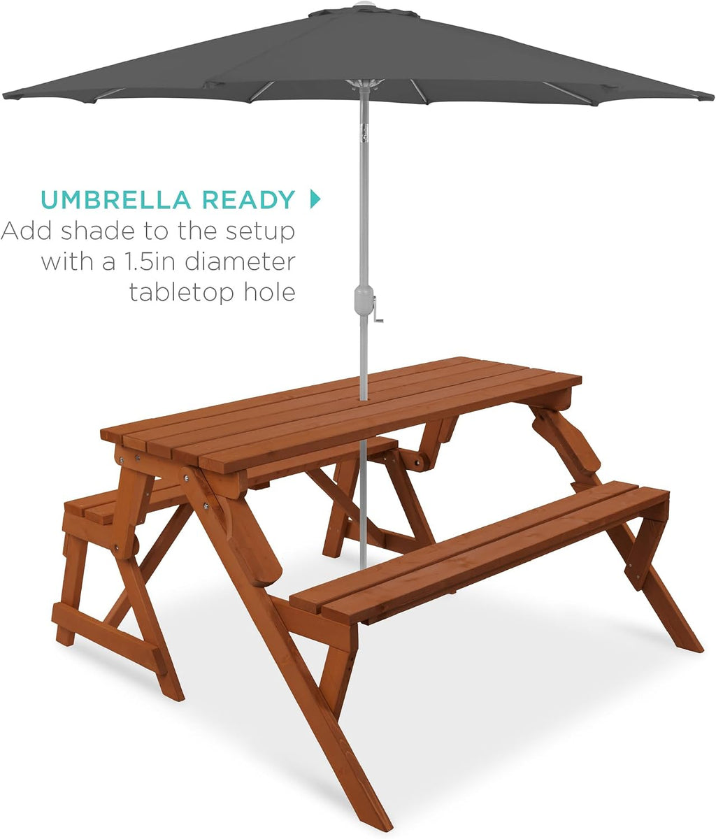 Best Choice Products 2-in-1 Transforming Interchangeable Outdoor Wooden Picnic Table Garden Bench for Backyard, Porch, Patio, Deck w/Umbrella Hole - Acorn