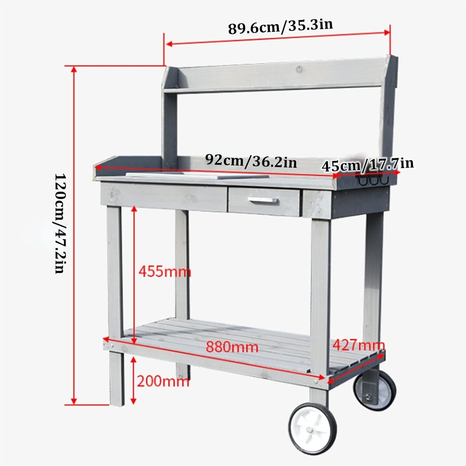 Plant Shelf, Plant Stand Indoor Outdoor, Elevated Flowerpot Box with Wheels, Outdoor Potted Plant Workbench, Drawer/Adjustable Shelf/Detachable Sink