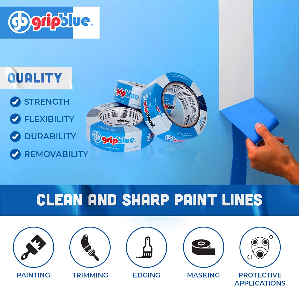 Blue Painters Tape 1.5 Inch Wide, 30 Rolls Masking Tape - Perfect for Precise Lines on Walls & Trim, Multi-Surface, Residue-Free, Easy Removal - Ideal for Indoor & Outdoor Use, 1.41in x 60yds