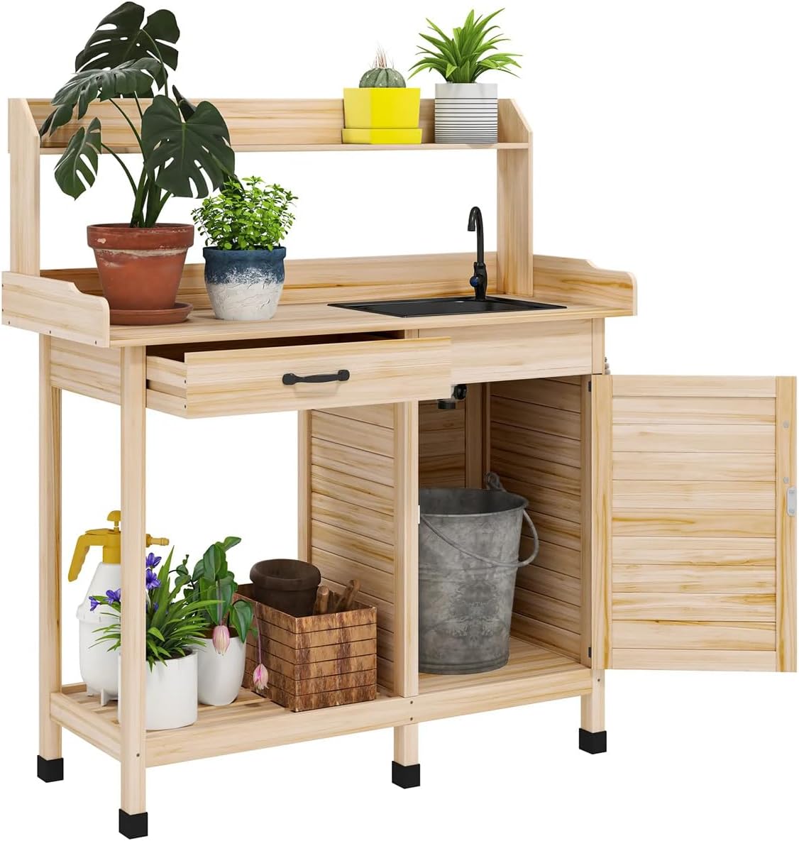 Outdoor Potting Bench with Storage Cabinet, Sink, Faucet and Hooks (Natural, 44.5' Length)